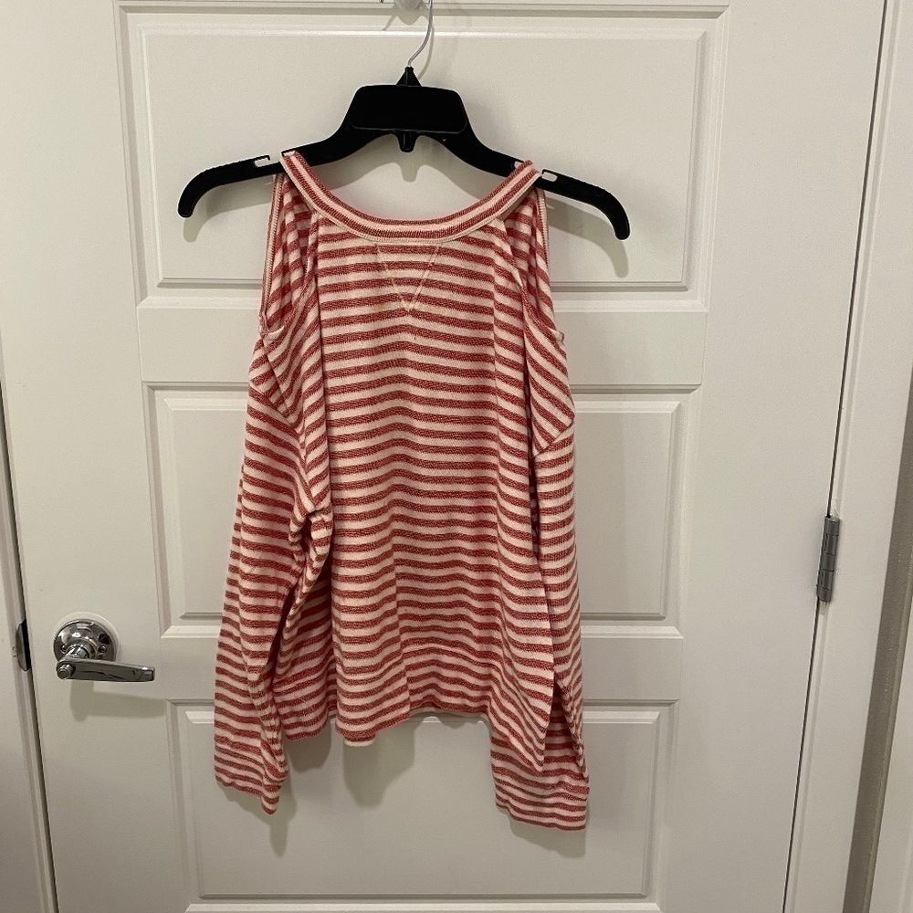 BCBGMaxazria 100% Cotton Red White Striped Cold Shoulder Top Medium